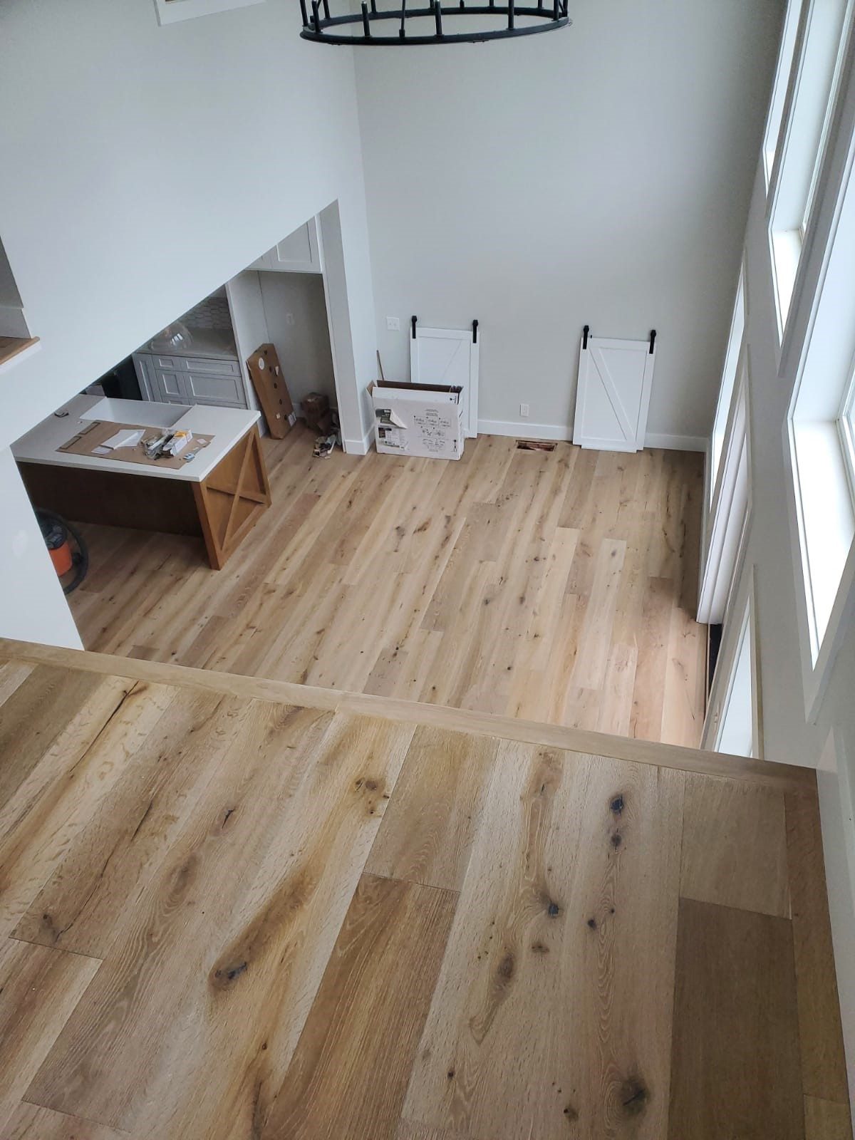 Engineered white oak hardwood floor installation in a two-story Huntington Beach home by My Flooring Guy